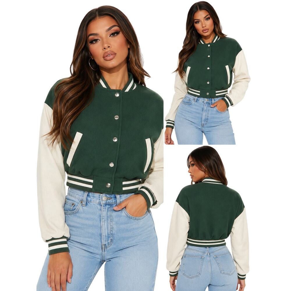 Love Tree Varsity Jacket Womens Small Green Cropped Faux Leather Sleeve Snap